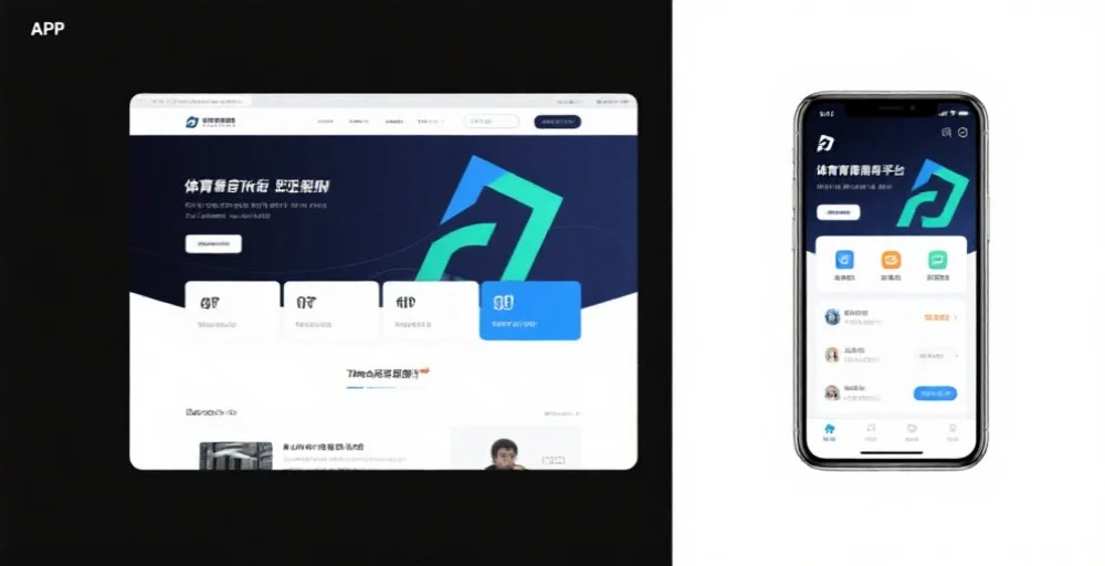 简洁而现代的体育娱乐平台界面，左侧为网页版，右侧为APP界面，两者对比明显