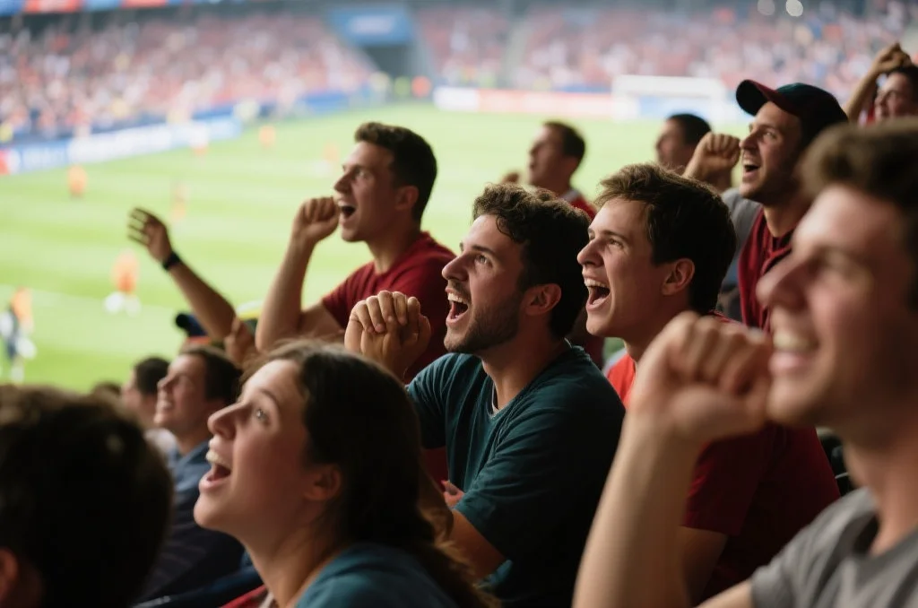 一群球迷在体育场内观看比赛，神情专注